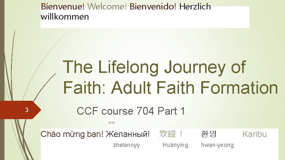 Bienvenue! Welcome! Bienvenido! Herzlich willkommen The Lifelong Journey of Faith: Adult Faith Formation 3