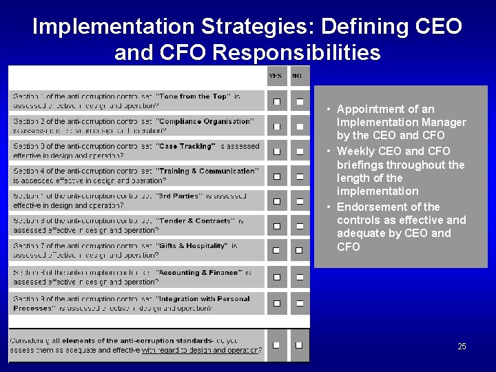 Implementation Strategies: Defining CEO and CFO Responsibilities • Appointment of an Implementation Manager by