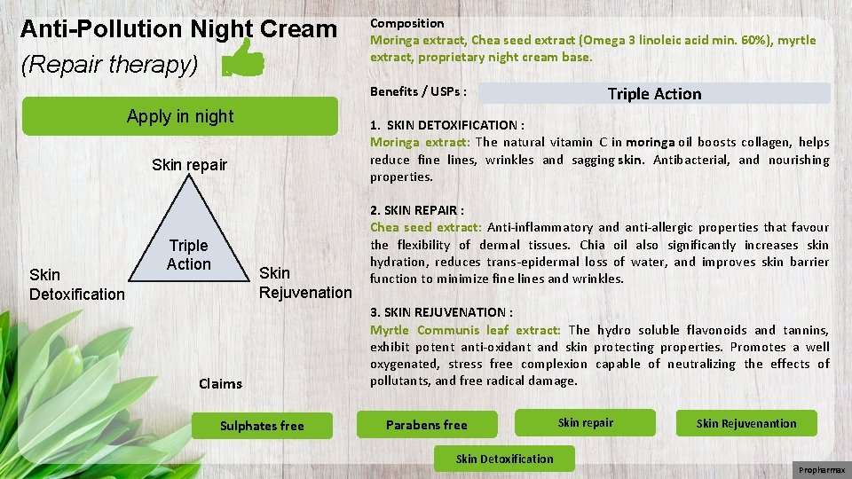 Anti-Pollution Night Cream (Repair therapy) Composition Moringa extract, Chea seed extract (Omega 3 linoleic