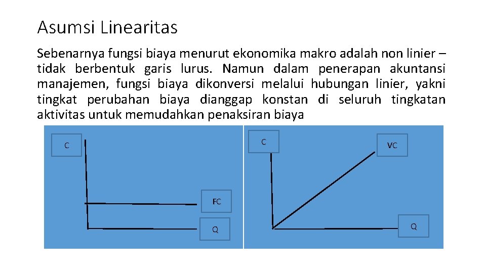 Asumsi Linearitas Sebenarnya fungsi biaya menurut ekonomika makro adalah non linier – tidak berbentuk Asumsi Linearitas Sebenarnya fungsi biaya menurut ekonomika makro adalah non linier – tidak berbentuk
