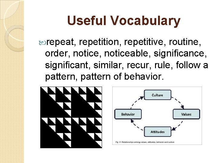 Useful Vocabulary repeat, repetition, repetitive, routine, order, noticeable, significance, significant, similar, recur, rule, follow