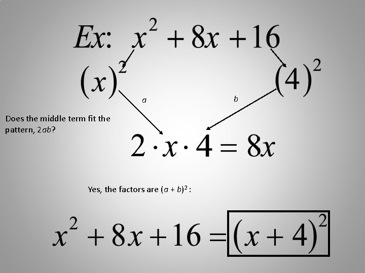 a Does the middle term fit the pattern, 2 ab? Yes, the factors are