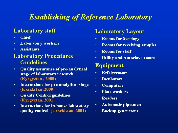 Establishing of Reference Laboratory staff Laboratory Layout • • Chief Laboratory workers Assistants Laboratory