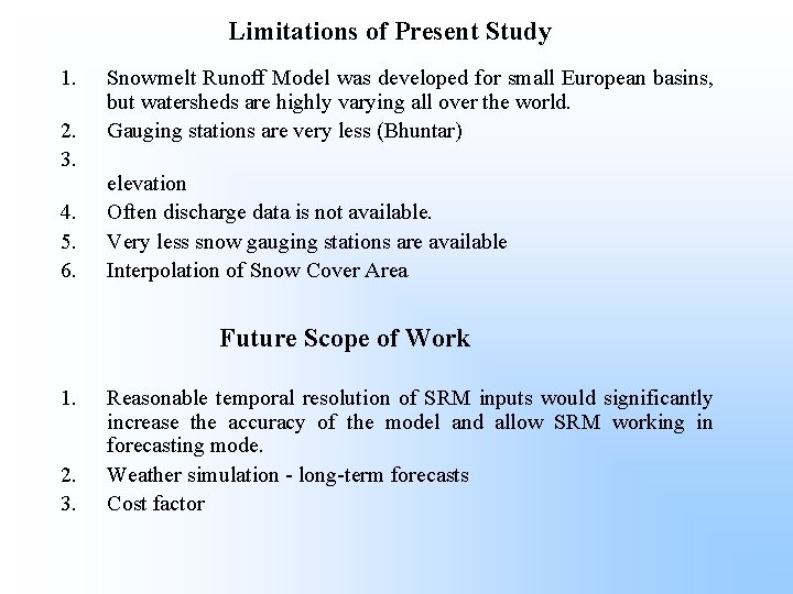Limitations of Present Study 1. 2. 3. 4. 5. 6. Snowmelt Runoff Model was
