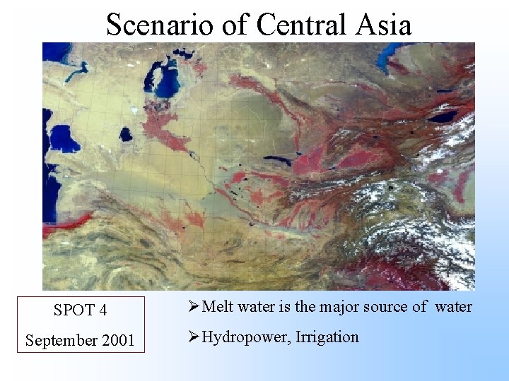 Scenario of Central Asia SPOT 4 September 2001 ØMelt water is the major source