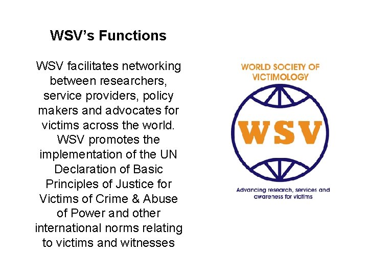 WSV’s Functions WSV facilitates networking between researchers, service providers, policy makers and advocates for