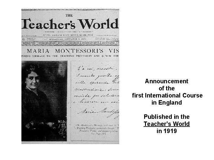 Announcement of the first International Course in England Published in the Teacher’s World in