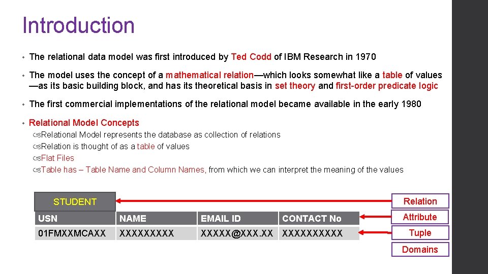 Introduction • The relational data model was first introduced by Ted Codd of IBM