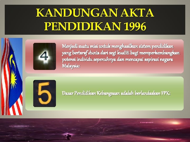 KANDUNGAN AKTA PENDIDIKAN 1996 Menjadi suatu misi untuk menghasilkan sistem pendidikan yang bertaraf dunia KANDUNGAN AKTA PENDIDIKAN 1996 Menjadi suatu misi untuk menghasilkan sistem pendidikan yang bertaraf dunia