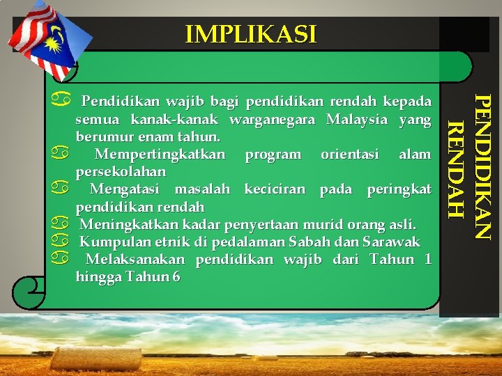 IMPLIKASI a a a semua kanak-kanak warganegara Malaysia yang berumur enam tahun. Mempertingkatkan program