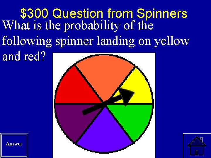 $300 Question from Spinners What is the probability of the following spinner landing on