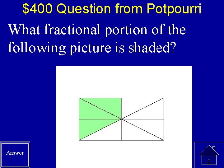 $400 Question from Potpourri What fractional portion of the following picture is shaded? 