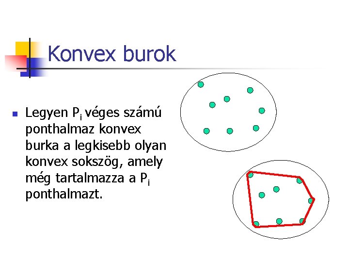 Konvex burok n Legyen Pi véges számú ponthalmaz konvex burka a legkisebb olyan konvex
