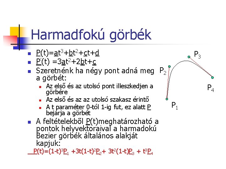 Harmadfokú görbék n n n P(t)=at 3+bt 2+ct+d P’(t) =3 at 2+2 bt+c Szeretnénk