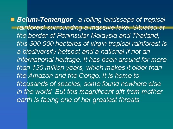 n Belum-Temengor - a rolling landscape of tropical rainforest surrounding a massive lake. Situated