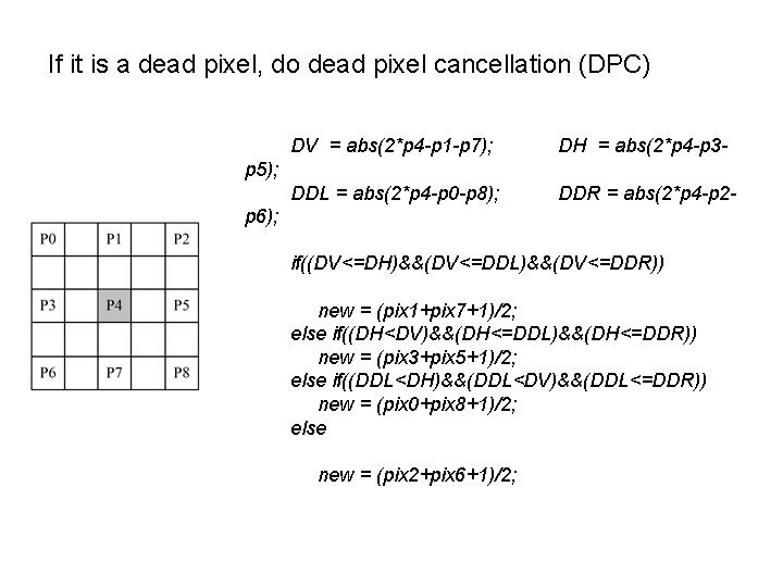 If it is a dead pixel, do dead pixel cancellation (DPC) DV = abs(2*p