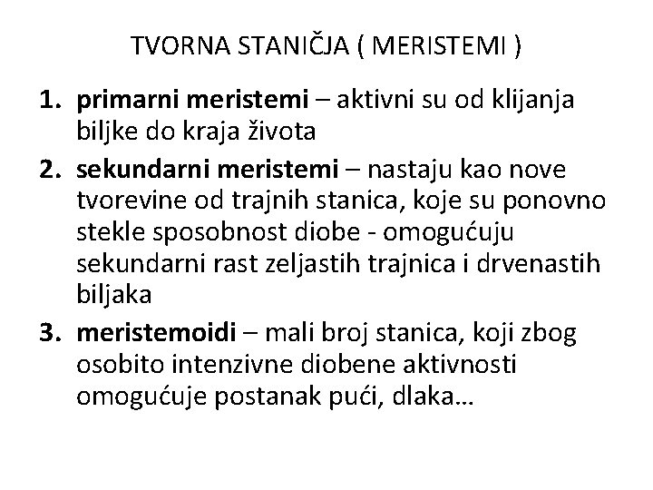 TVORNA STANIČJA ( MERISTEMI ) 1. primarni meristemi – aktivni su od klijanja biljke