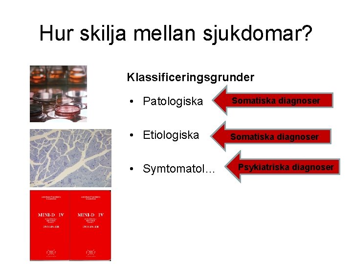 Hur skilja mellan sjukdomar? Klassificeringsgrunder • Patologiska Somatiska diagnoser • Etiologiska Somatiska diagnoser •