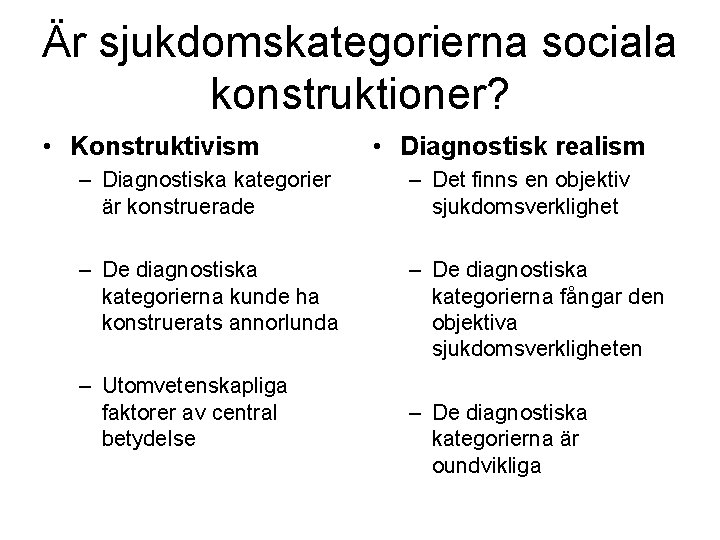 Är sjukdomskategorierna sociala konstruktioner? • Konstruktivism • Diagnostisk realism – Diagnostiska kategorier är konstruerade