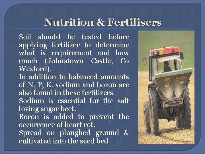 Nutrition & Fertilisers Soil should be tested before applying fertilizer to determine what is