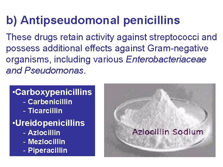 b) Antipseudomonal penicillins These drugs retain activity against streptococci and possess additional effects against