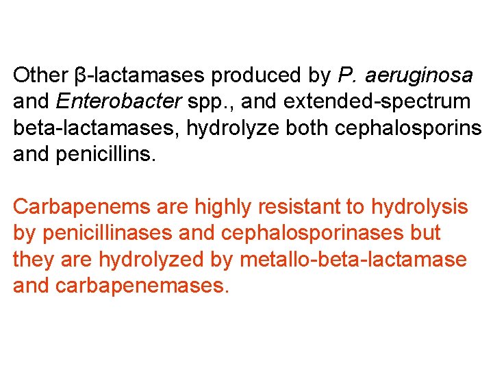 Other β-lactamases produced by P. aeruginosa and Enterobacter spp. , and extended-spectrum beta-lactamases, hydrolyze