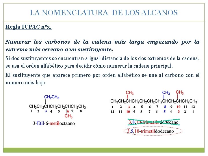 LA NOMENCLATURA DE LOS ALCANOS Regla IUPAC n° 3. Numerar los carbonos de la