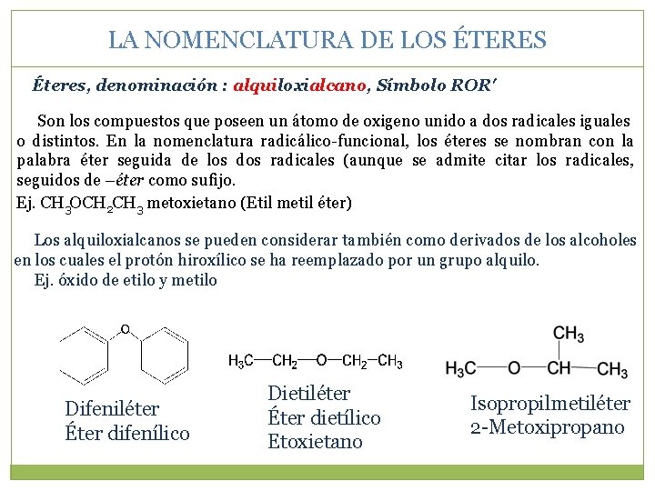 LA NOMENCLATURA DE LOS ÉTERES Éteres, denominación : alquiloxialcano, Símbolo ROR' Son los compuestos