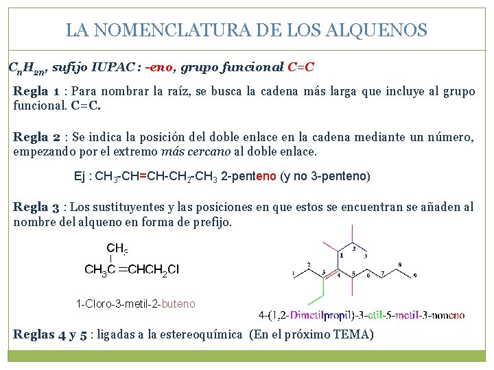 LA NOMENCLATURA DE LOS ALQUENOS Cn. H 2 n, sufijo IUPAC : -eno, grupo