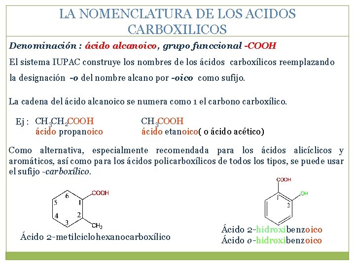 LA NOMENCLATURA DE LOS ACIDOS CARBOXILICOS Denominación : ácido alcanoico, grupo funccional -COOH El