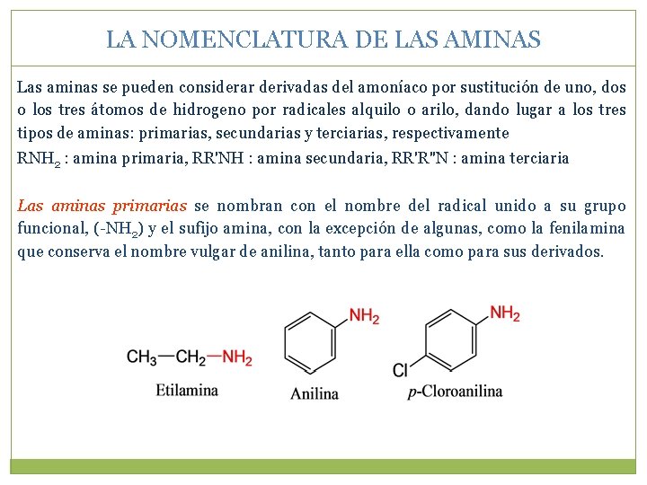 LA NOMENCLATURA DE LAS AMINAS Las aminas se pueden considerar derivadas del amoníaco por