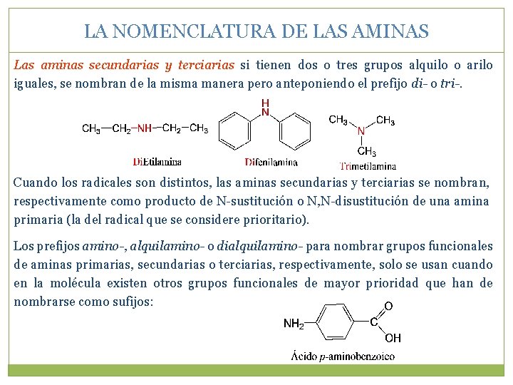 LA NOMENCLATURA DE LAS AMINAS Las aminas secundarias y terciarias si tienen dos o