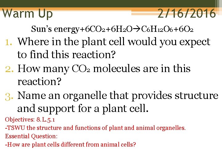 Warm Up 2/16/2016 Sun’s energy+6 CO 2+6 H 2 O C 6 H 12