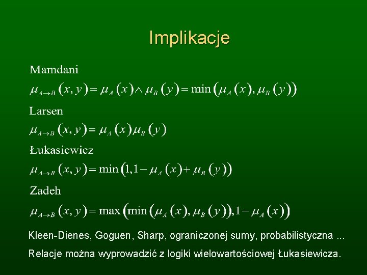 Implikacje Kleen-Dienes, Goguen, Sharp, ograniczonej sumy, probabilistyczna. . . Relacje można wyprowadzić z logiki
