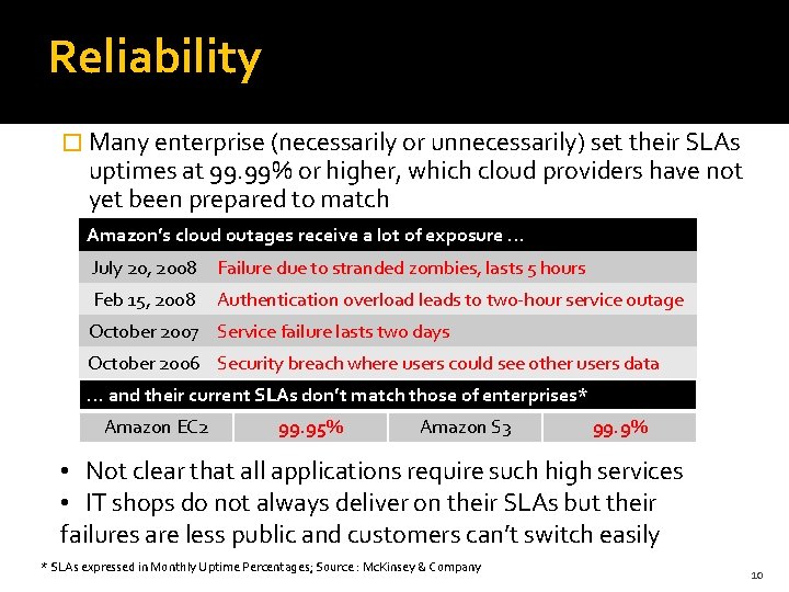 Reliability � Many enterprise (necessarily or unnecessarily) set their SLAs uptimes at 99. 99%