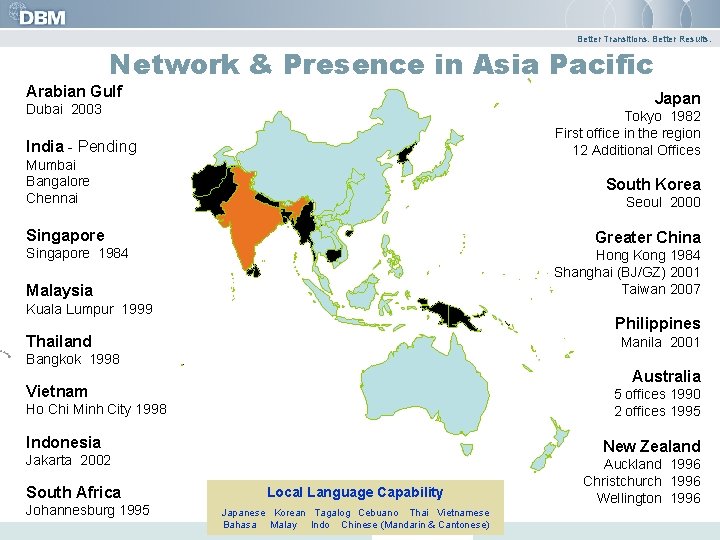 Better Transitions. Better Results. Network & Presence in Asia Pacific Arabian Gulf Japan Dubai