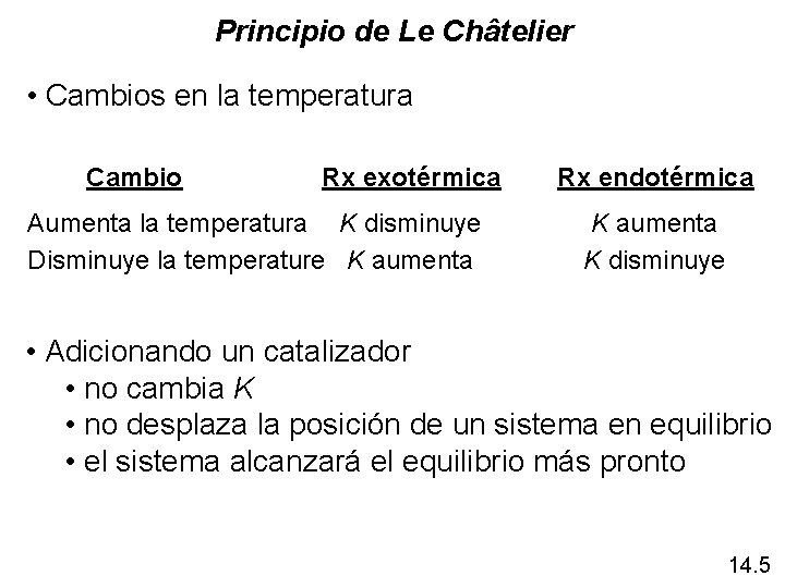 Principio de Le Châtelier • Cambios en la temperatura Cambio Rx exotérmica Aumenta la