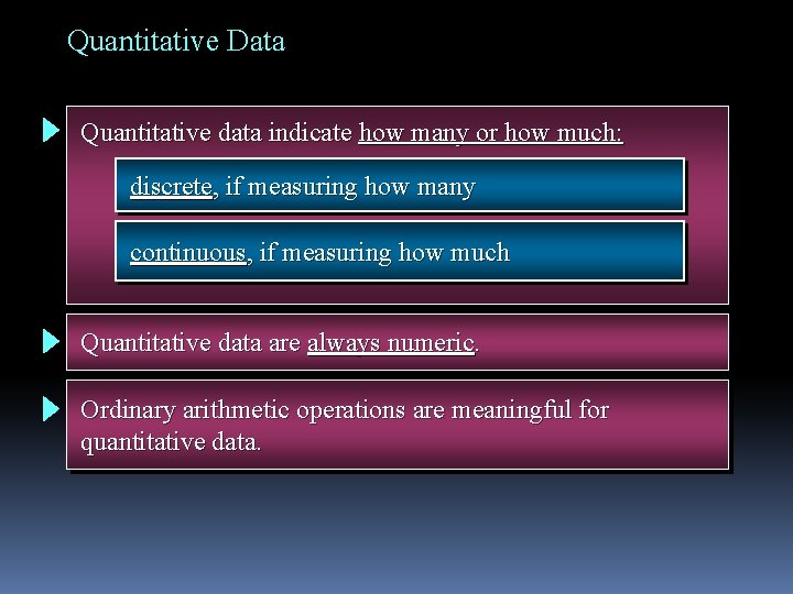 Quantitative Data Quantitative data indicate how many or how much: discrete, if measuring how Quantitative Data Quantitative data indicate how many or how much: discrete, if measuring how
