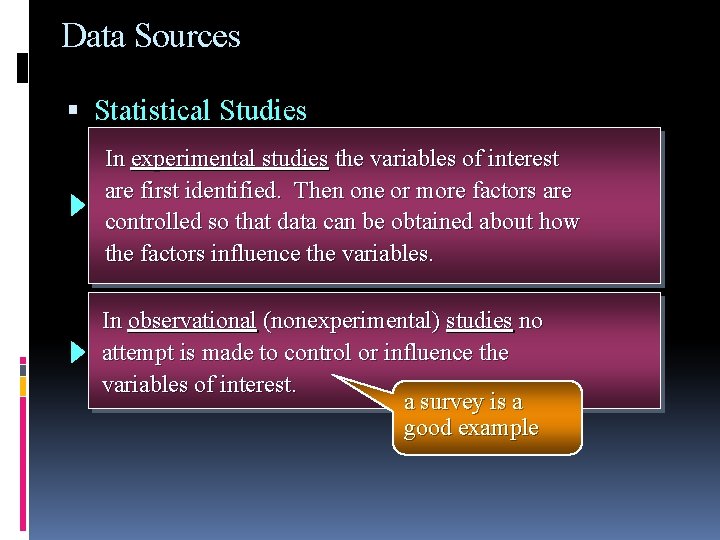 Data Sources Statistical Studies In experimental studies the variables of interest are first identified. Data Sources Statistical Studies In experimental studies the variables of interest are first identified.