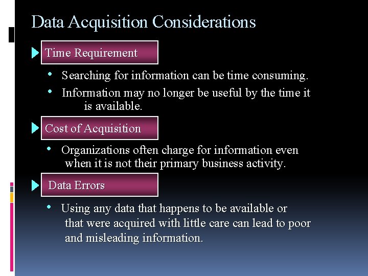 Data Acquisition Considerations Time Requirement • • Searching for information can be time consuming. Data Acquisition Considerations Time Requirement • • Searching for information can be time consuming.