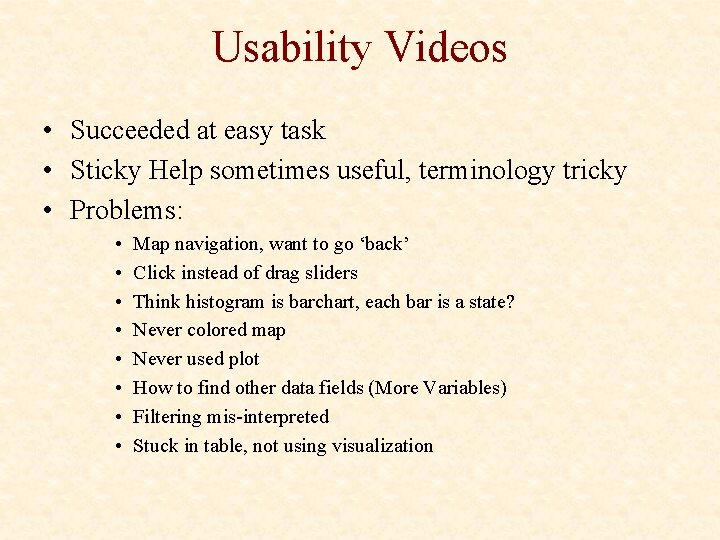 Usability Videos • Succeeded at easy task • Sticky Help sometimes useful, terminology tricky