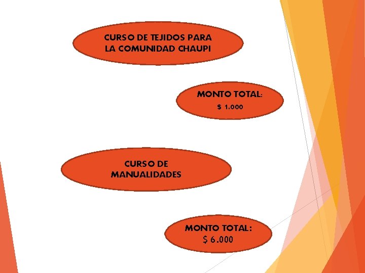 CURSO DE TEJIDOS PARA LA COMUNIDAD CHAUPI MONTO TOTAL: $ 1. 000 CURSO DE