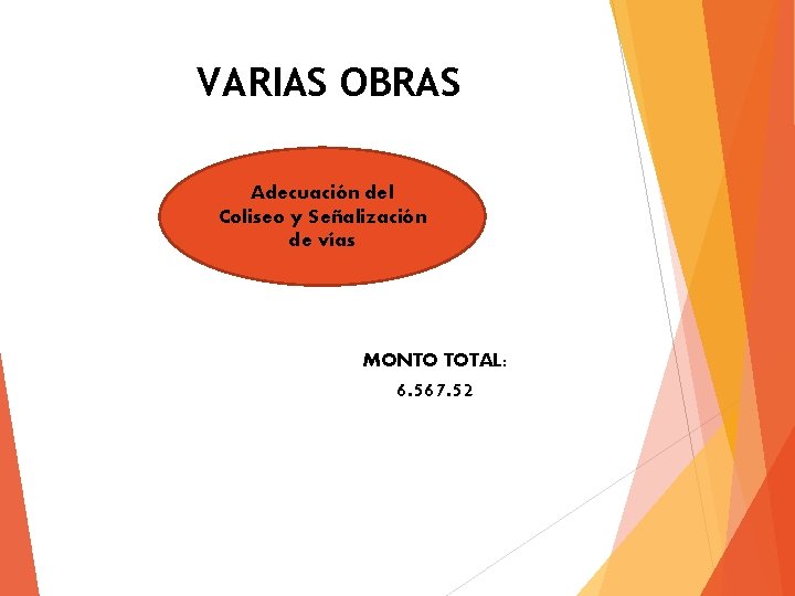 VARIAS OBRAS Adecuación del Coliseo y Señalización de vías MONTO TOTAL: 6. 567. 52