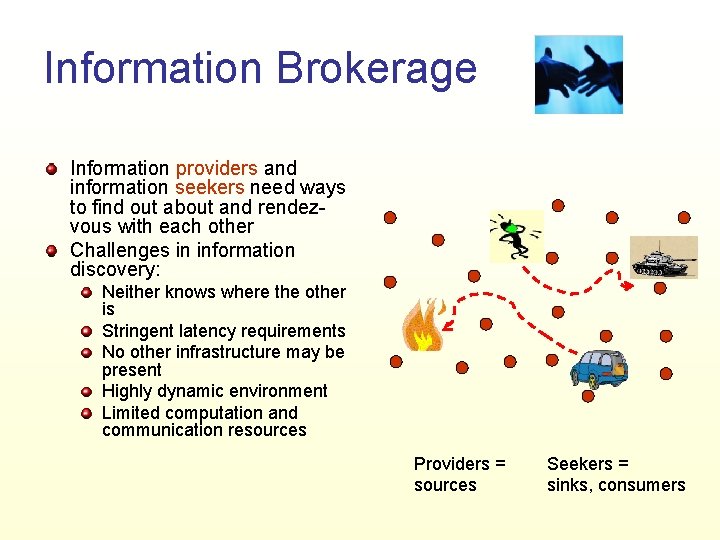 Information Brokerage Information providers and information seekers need ways to find out about and