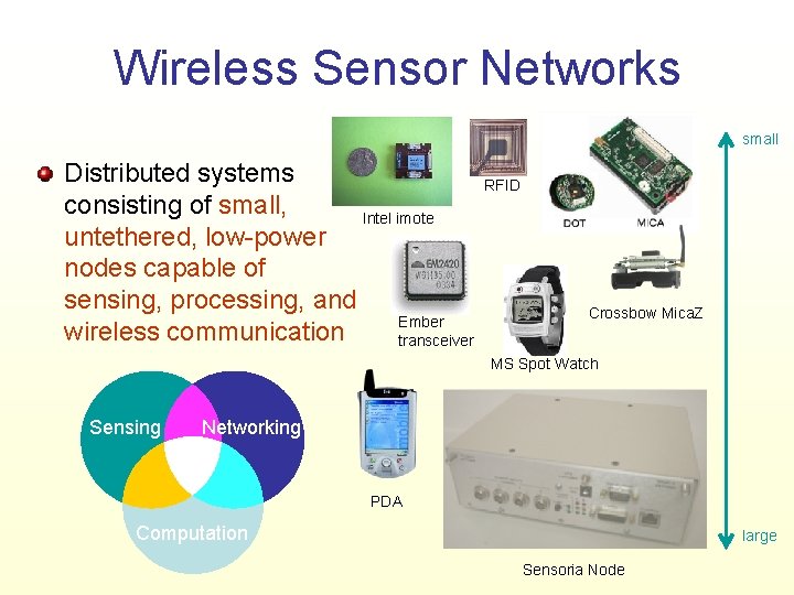 Wireless Sensor Networks small Distributed systems consisting of small, Intel imote untethered, low-power nodes