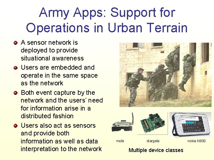 Army Apps: Support for Operations in Urban Terrain A sensor network is deployed to