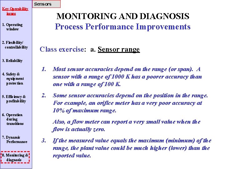 Sensors Key Operability issues MONITORING AND DIAGNOSIS Process Performance Improvements 1. Operating window 2.