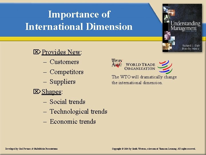Importance of International Dimension ÖProvides New: – Customers – Competitors – Suppliers ÖShapes: –