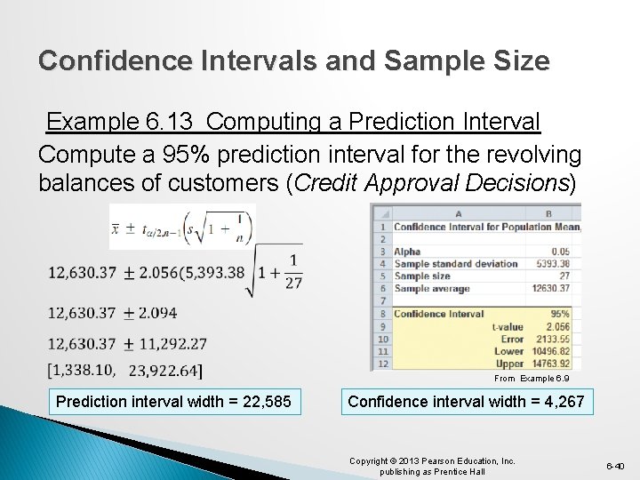 Confidence Intervals and Sample Size Example 6. 13 Computing a Prediction Interval Compute a