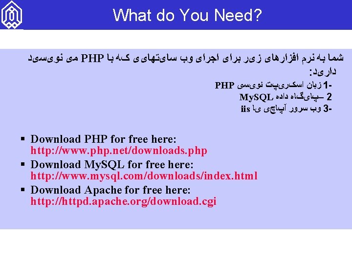 What do You Need? ﻣی ﻧﻮیﺴیﺪ PHP ﺷﻤﺎ ﺑﻪ ﻧﺮﻡ ﺍﻓﺰﺍﺭﻫﺎی ﺯیﺮ ﺑﺮﺍی ﺍﺟﺮﺍی